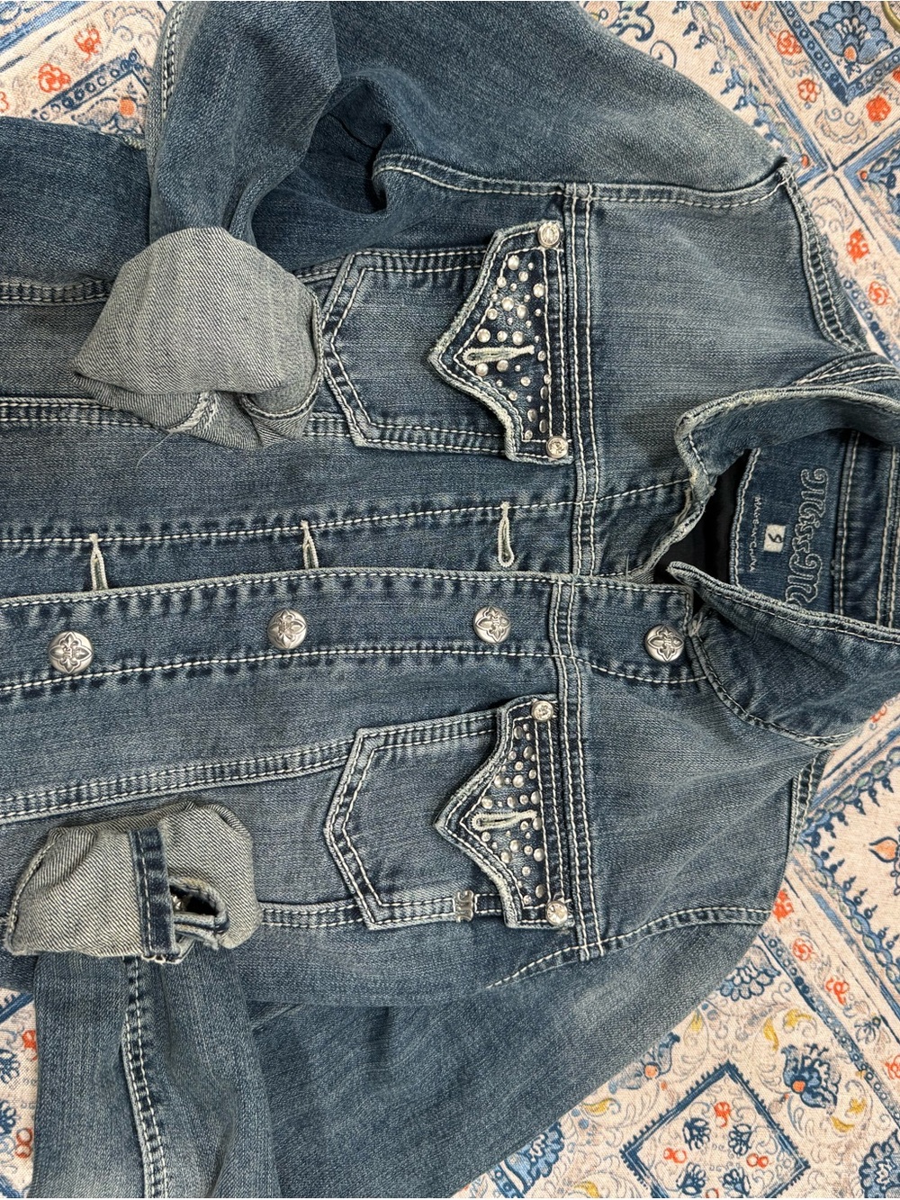 Miss Me Blue Denim Jean Jacket with Embellished Pockets
